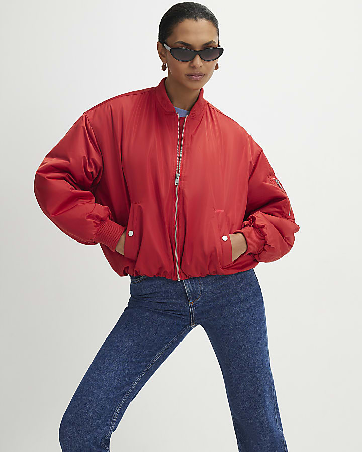 Red Oversized Ruched Hem Bomber Jacket