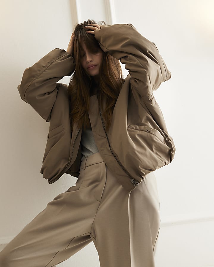 Brown Oversized Bubble Hem Bomber Jacket