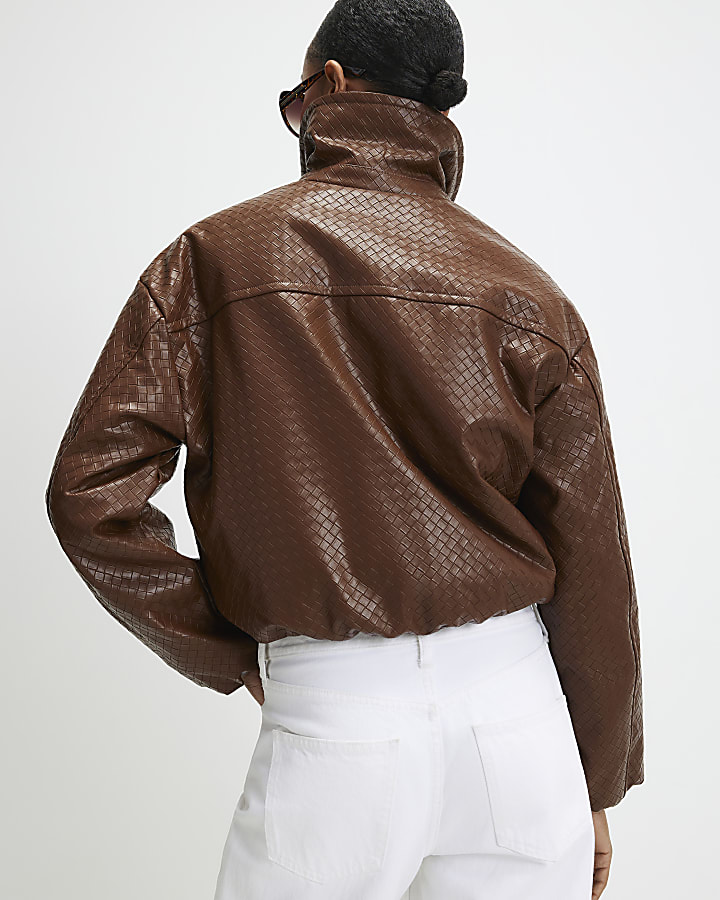 Brown Faux Leather Woven Bomber Jacket