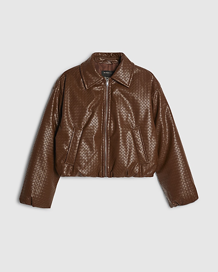 Brown Faux Leather Woven Bomber Jacket