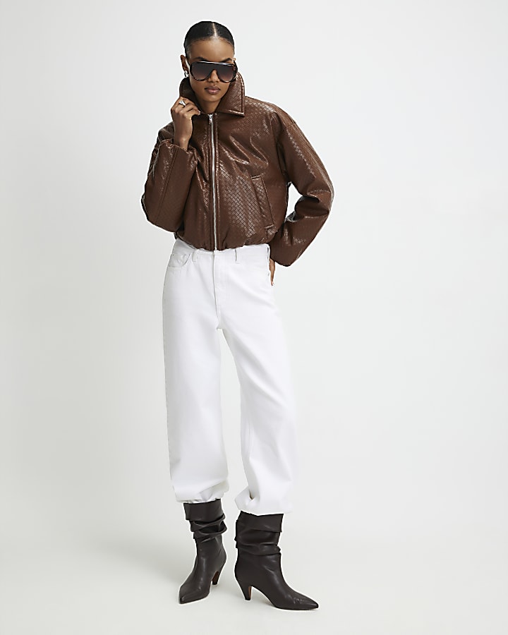 Brown Faux Leather Woven Bomber Jacket