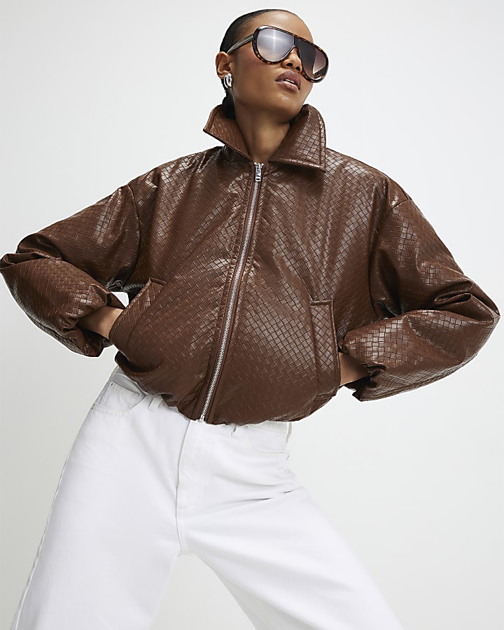 Brown Faux Leather Woven Bomber Jacket