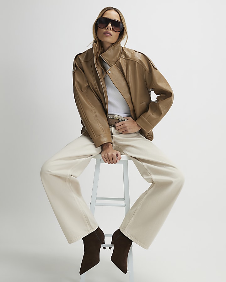 Cream High Waisted Relaxed Straight Leg Jeans