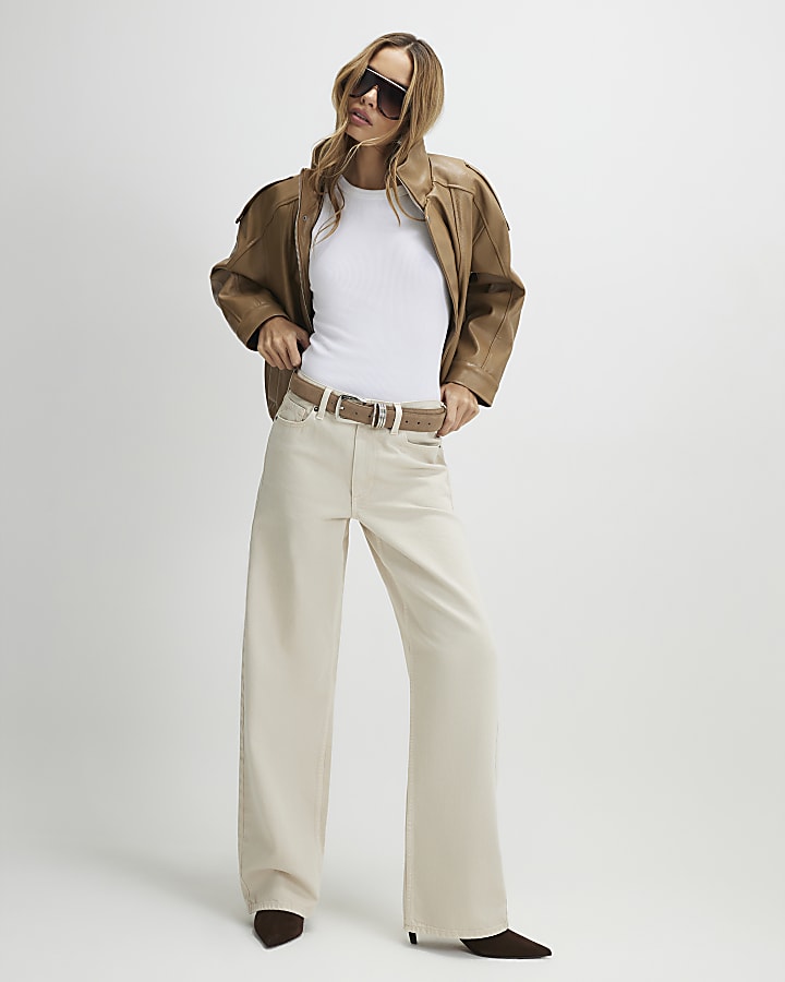 Cream High Waisted Relaxed Straight Leg Jeans