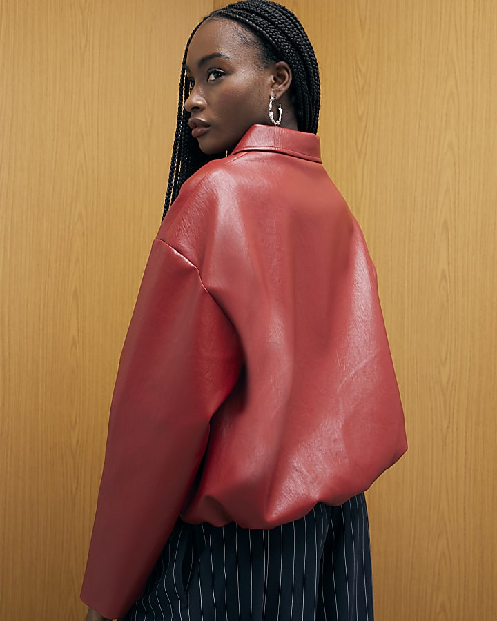 Red Faux Leather Bomber Jacket