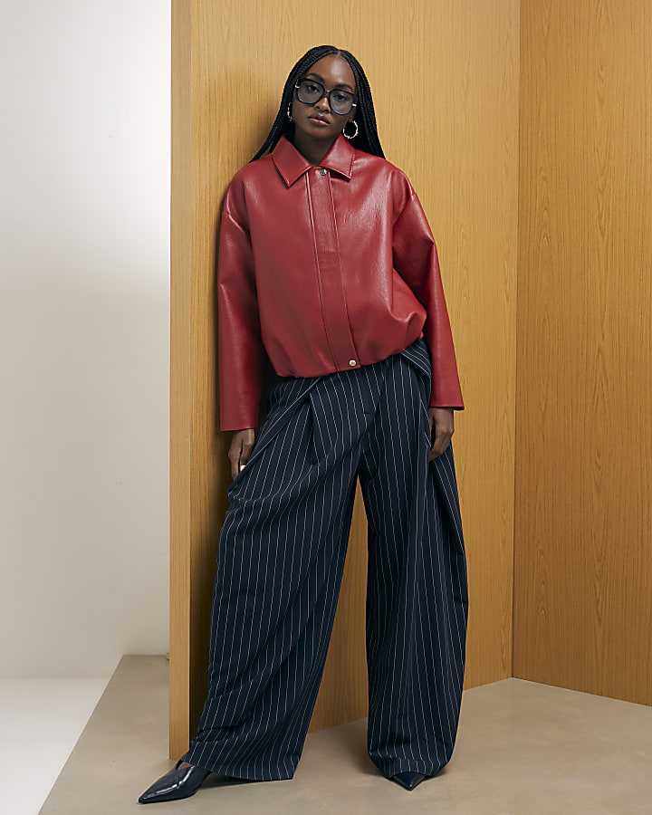 Red Faux Leather Bomber Jacket