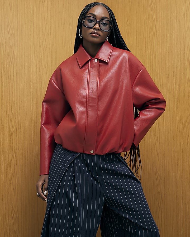 Red Faux Leather Bomber Jacket