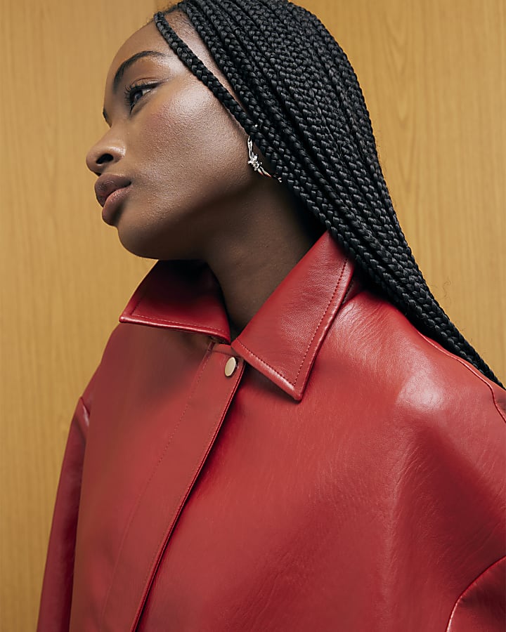Red Faux Leather Bomber Jacket