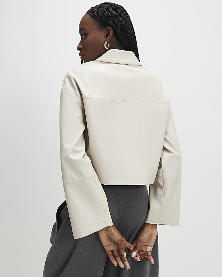 Cream Faux Leather Cropped Overshirt