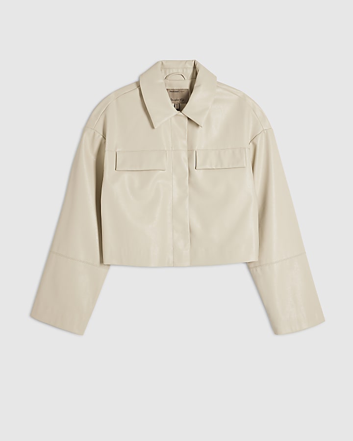 Cream Faux Leather Cropped Overshirt