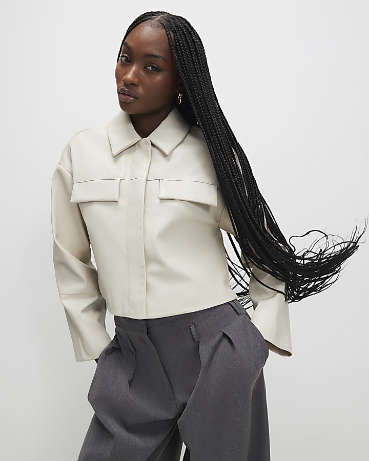 Cream Faux Leather Cropped Overshirt