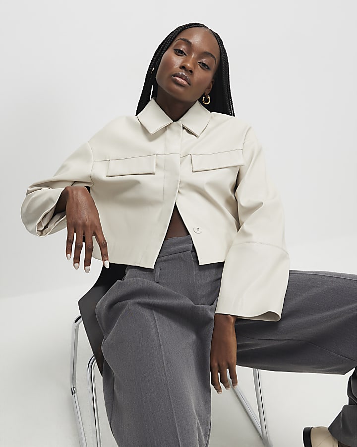 Cream Faux Leather Cropped Overshirt