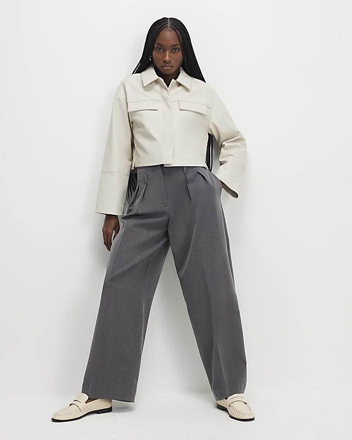 Cream Faux Leather Cropped Overshirt