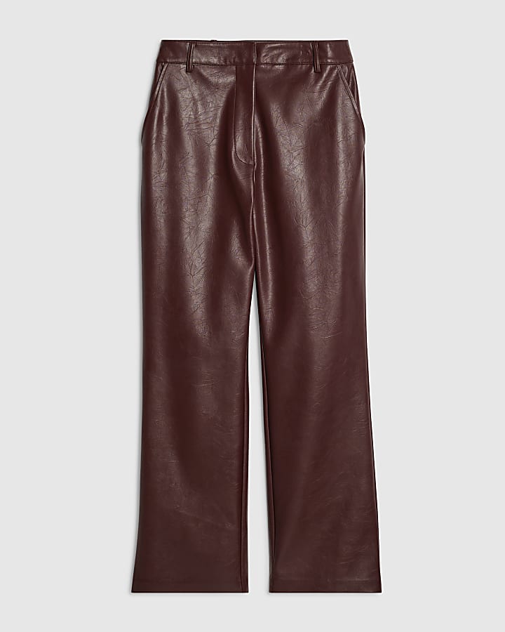 Red Faux Leather Straight Leg Trousers