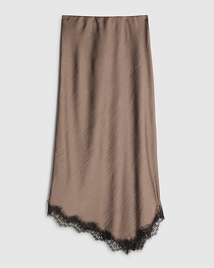 Grey Lace Trim Satin Midi Skirt