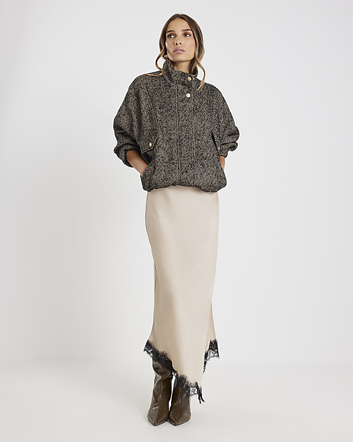 Beige Lace Trim Satin Midi Skirt