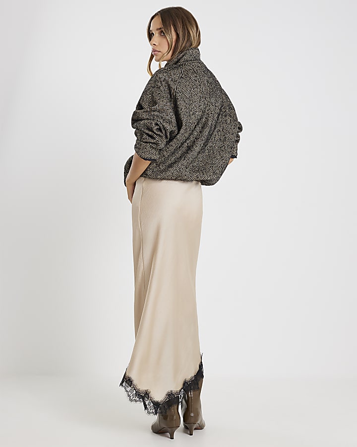 Beige Lace Trim Satin Midi Skirt