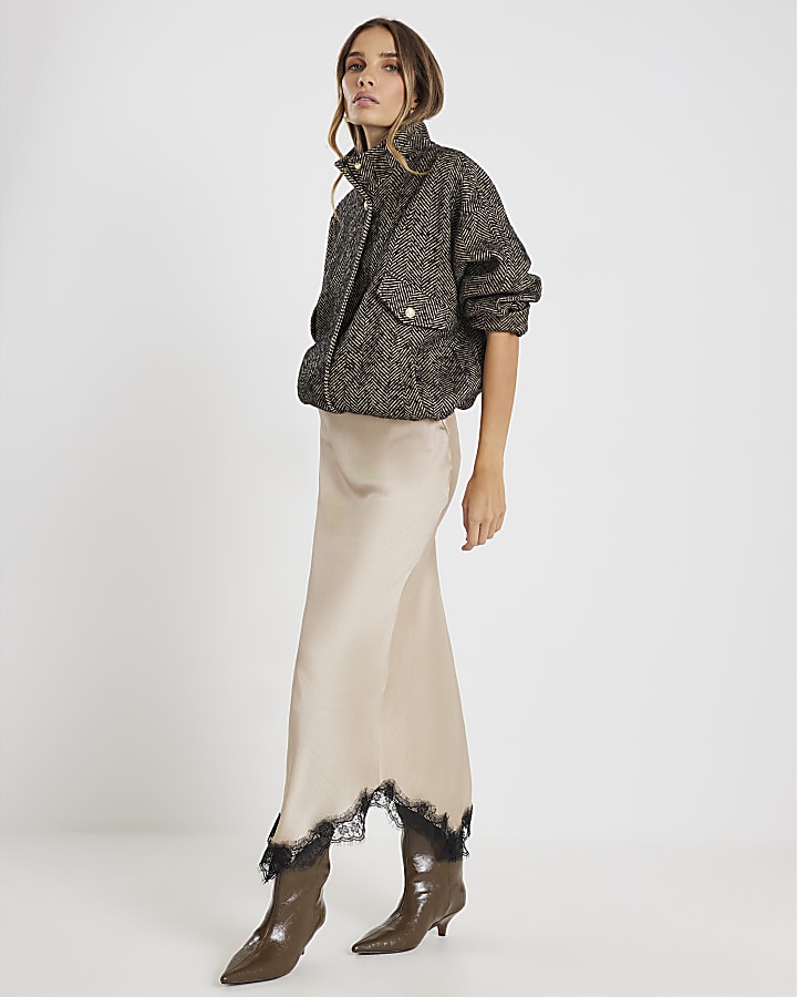 Beige Lace Trim Satin Midi Skirt
