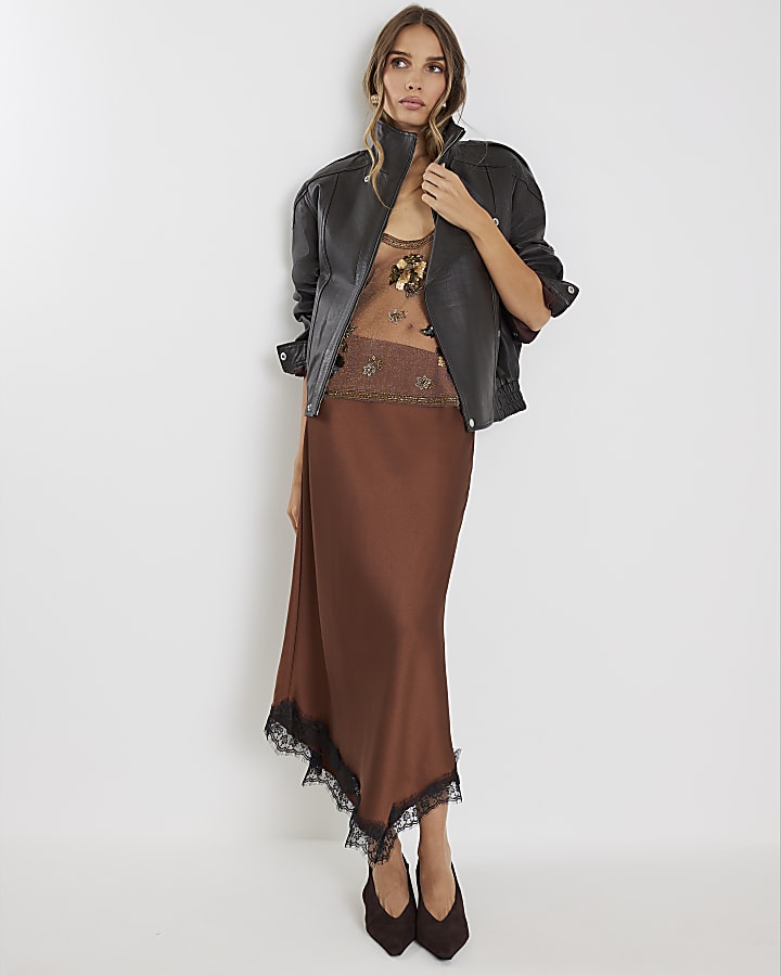 Brown Lace Trim Satin Midi Skirt