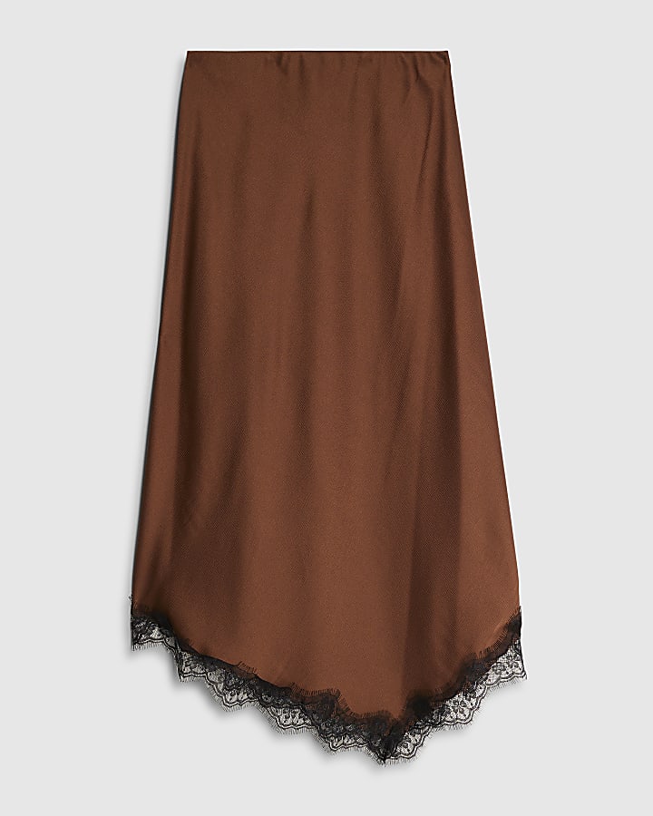 Brown Lace Trim Satin Midi Skirt