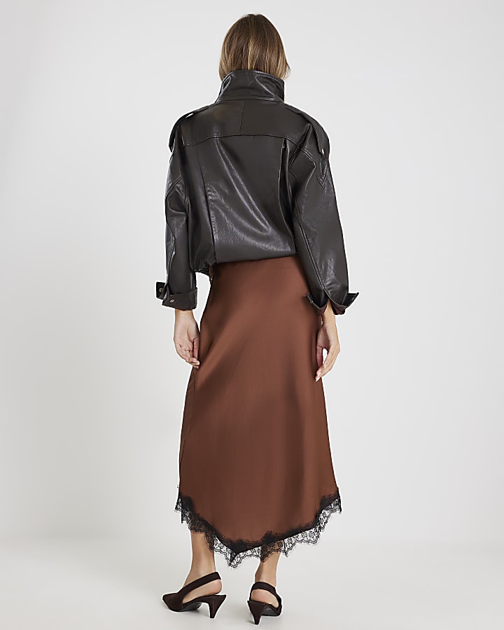 Brown Lace Trim Satin Midi Skirt
