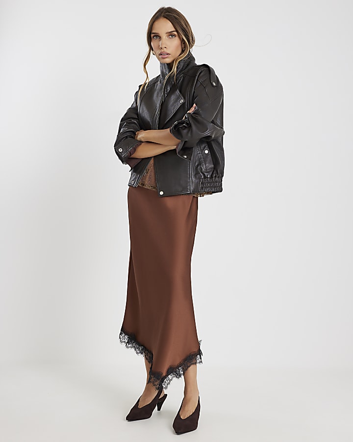 Brown Lace Trim Satin Midi Skirt