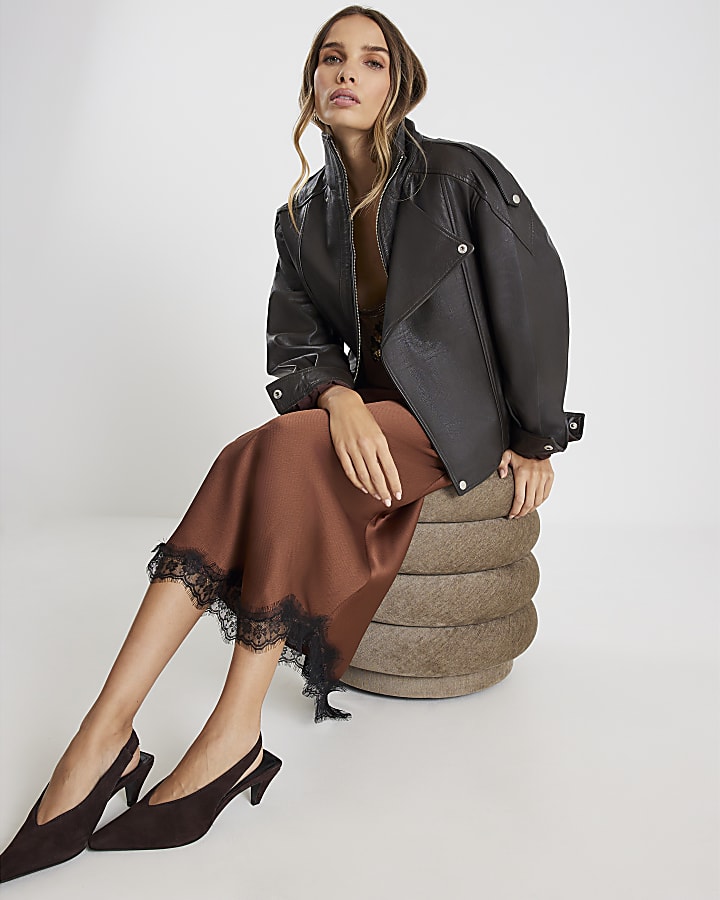 Brown Lace Trim Satin Midi Skirt