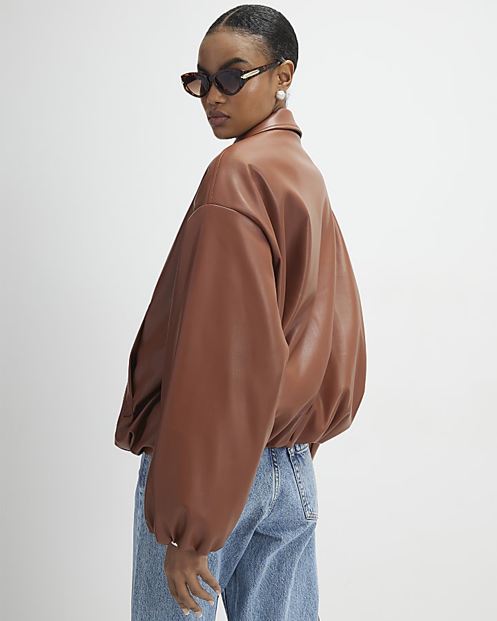 Brown Faux Leather Bubble Hem Bomber Jacket