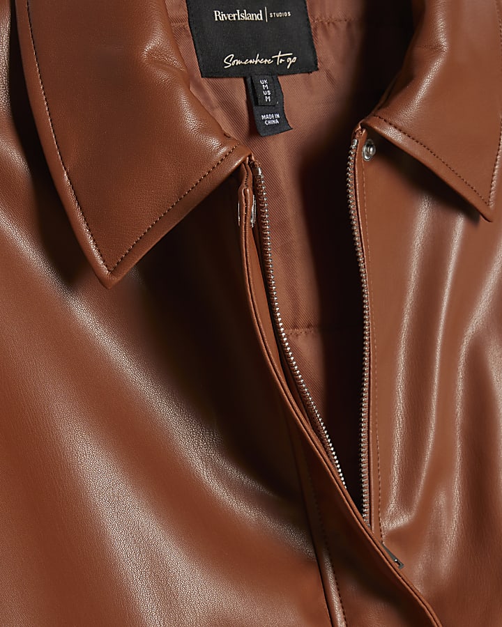Brown Faux Leather Bubble Hem Bomber Jacket