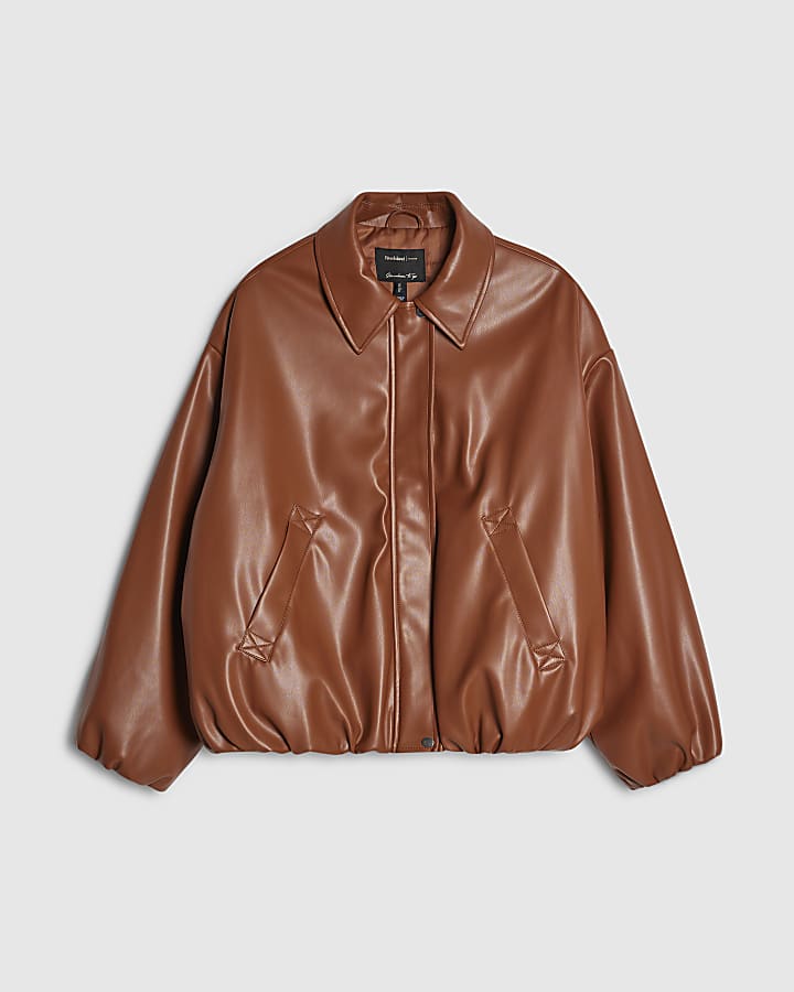 Brown Faux Leather Bubble Hem Bomber Jacket