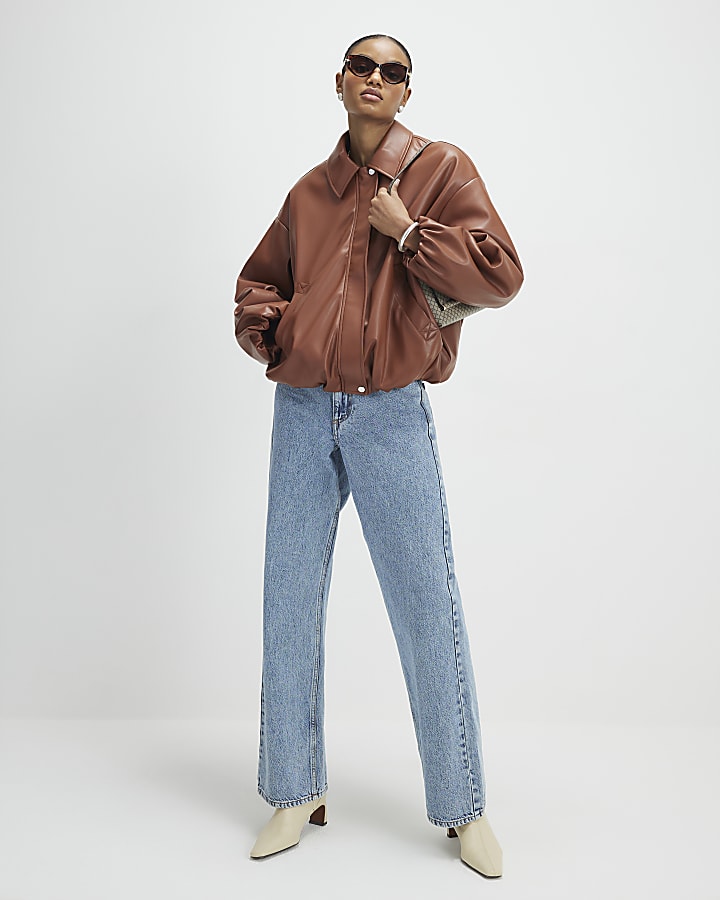 Brown Faux Leather Bubble Hem Bomber Jacket