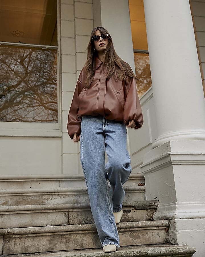 Brown Faux Leather Bubble Hem Bomber Jacket