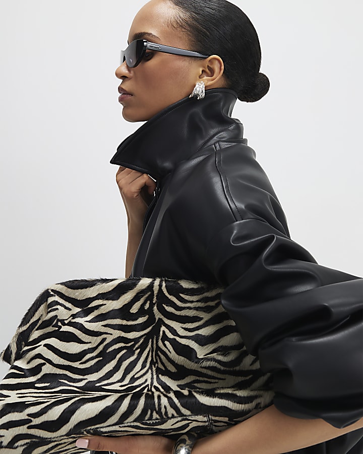 Black Faux Leather Bubble Hem Bomber Jacket