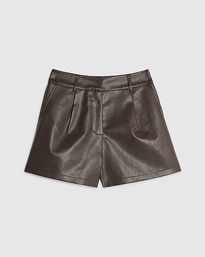 Brown Faux Leather Tailored Shorts