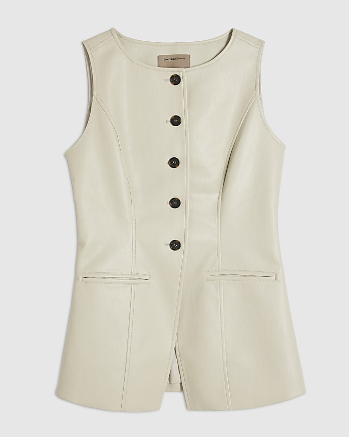 Cream Faux Leather Sleeveless Waistcoat