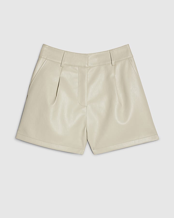 Cream Faux Leather Tailored Pleated Shorts