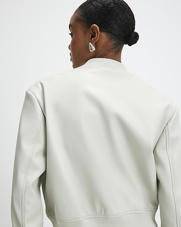 Cream Faux Leather Cropped Bomber Jacket