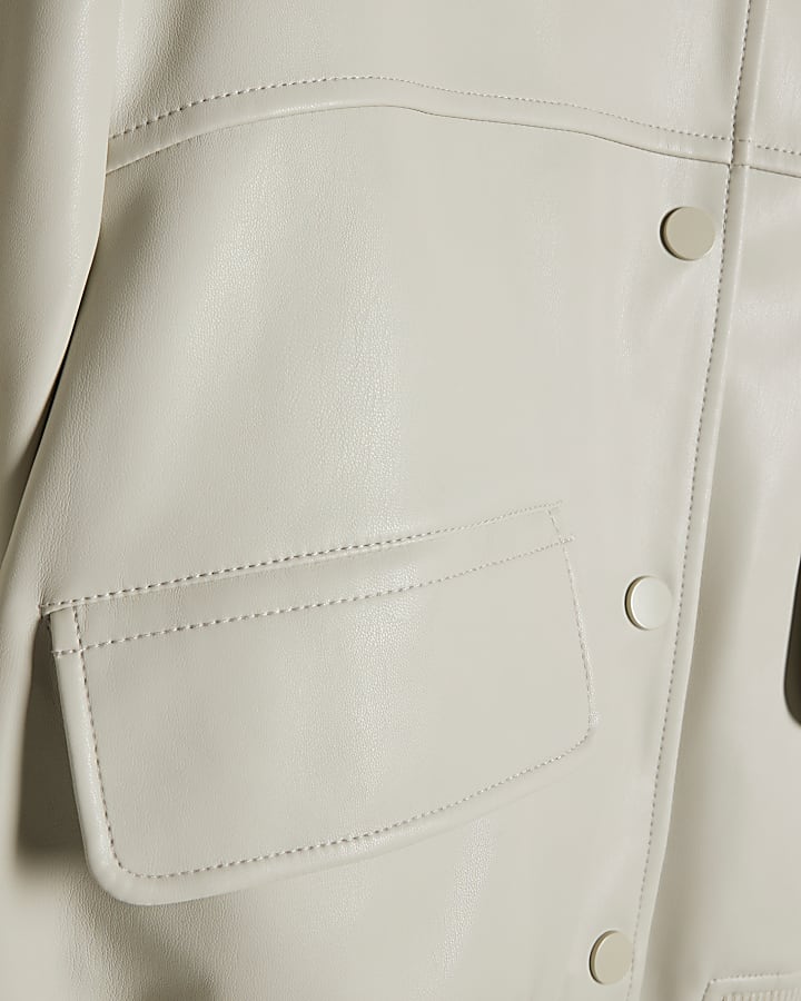 Cream Faux Leather Cropped Bomber Jacket