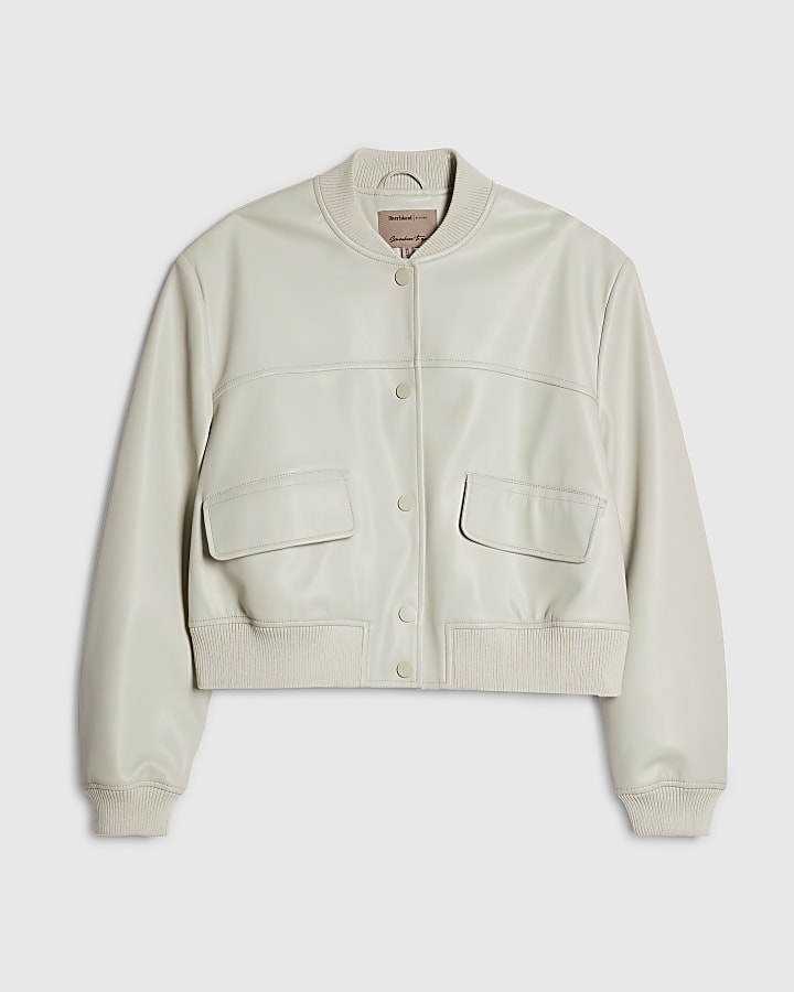 Cream Faux Leather Cropped Bomber Jacket