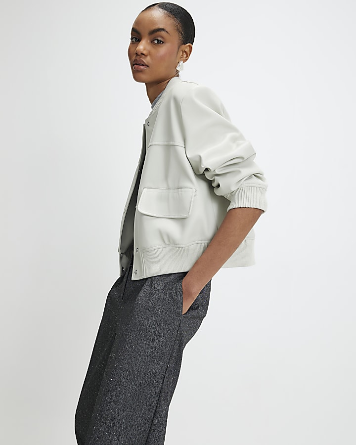 Cream Faux Leather Cropped Bomber Jacket