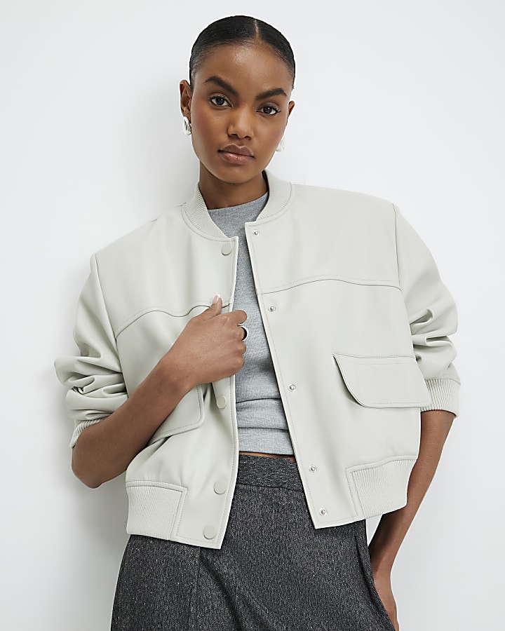 Cream Faux Leather Cropped Bomber Jacket