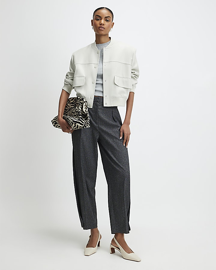 Cream Faux Leather Cropped Bomber Jacket