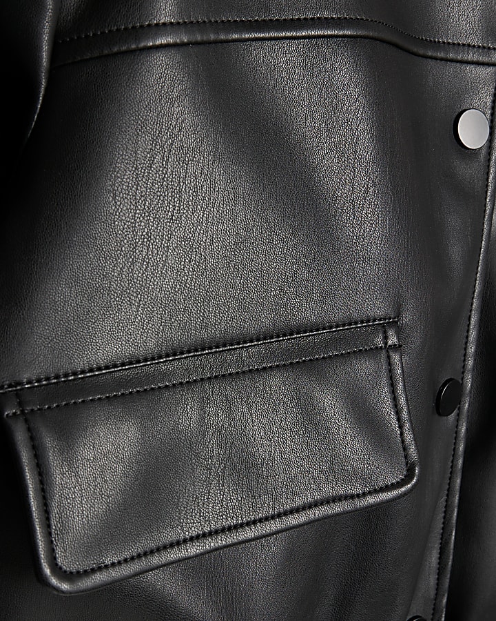 Black Faux Leather Cropped Bomber Jacket