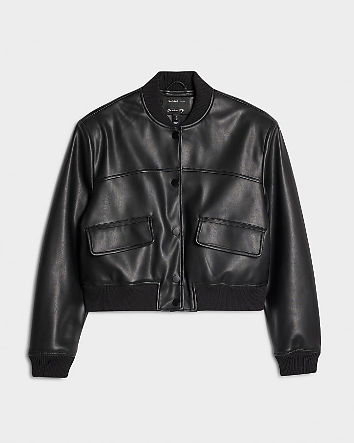 Black Faux Leather Cropped Bomber Jacket