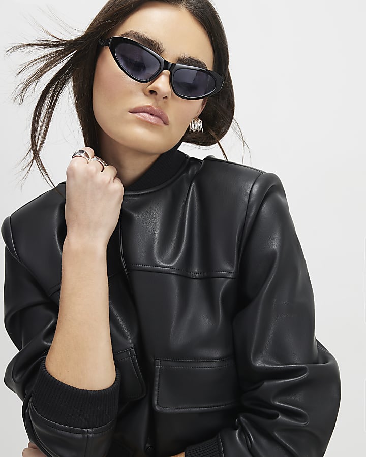 Black Faux Leather Cropped Bomber Jacket