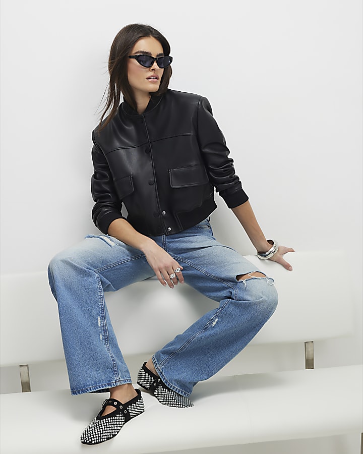 Black Faux Leather Cropped Bomber Jacket