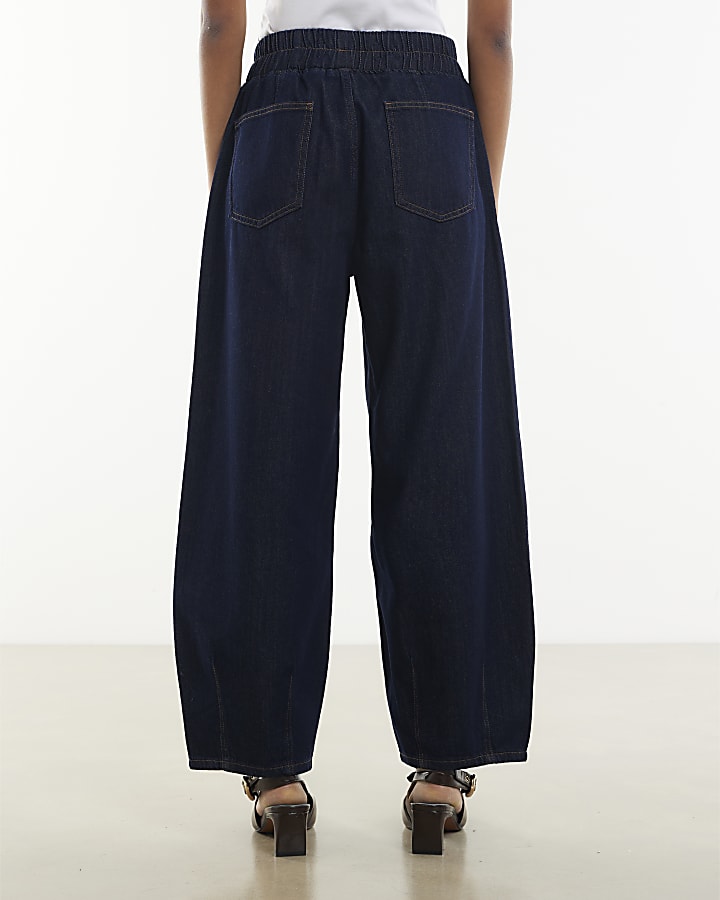 Blue Pull On Barrel Leg Jeans