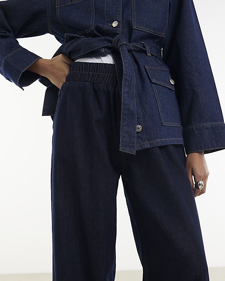 Blue Pull On Barrel Leg Jeans