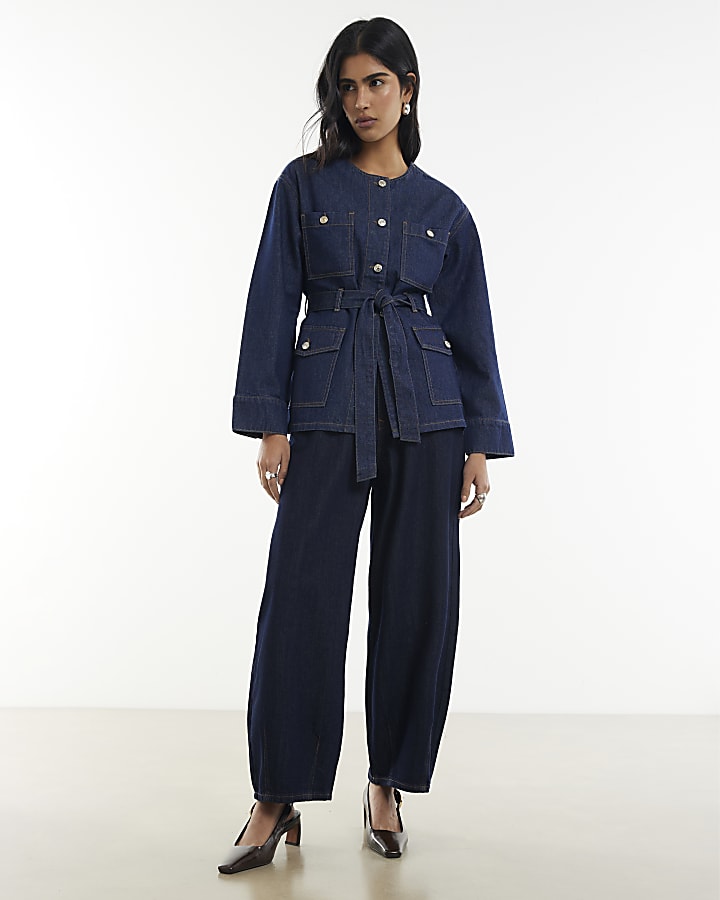 Blue Pull On Barrel Leg Jeans