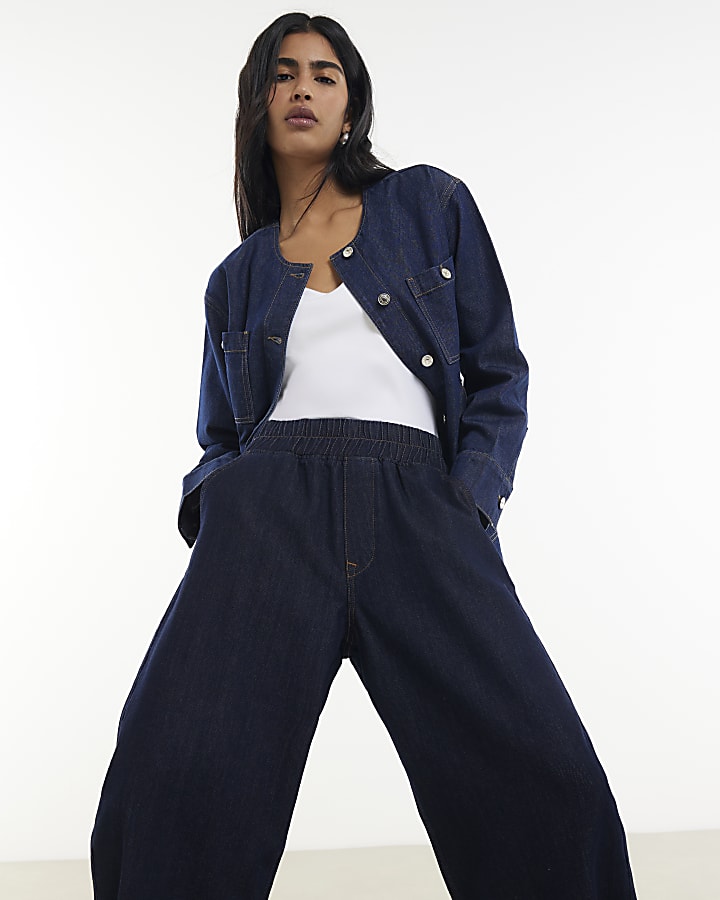 Blue Pull On Barrel Leg Jeans